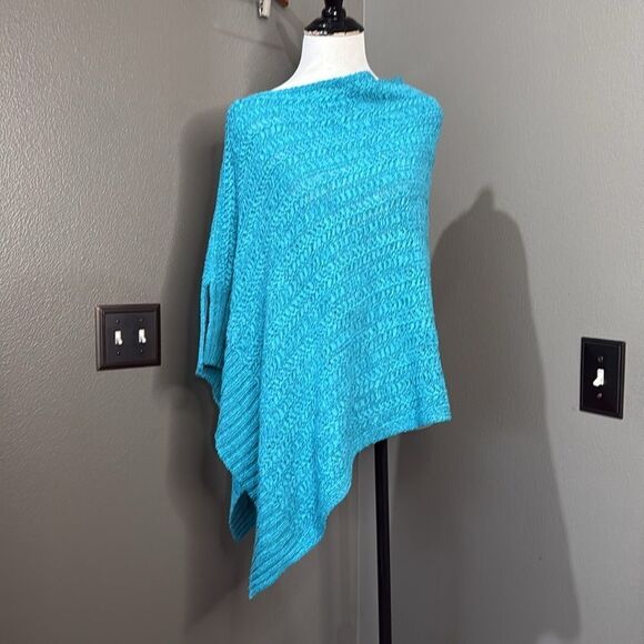 Chico's Turquoise Blue Tape Yarn Chunky Woven Convertible Poncho - Picture 4 of 15